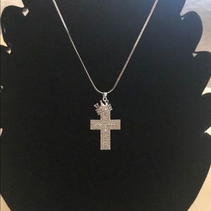 Silver tone cross simulated diamond neckla…